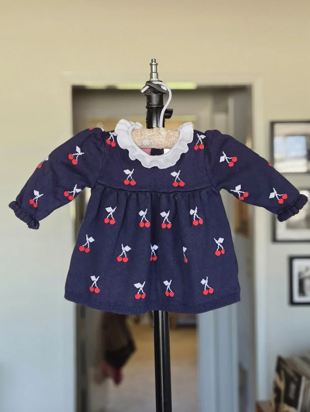 Janie and Jack Navy Knit Dress with Cherry Pattern & White Ruffle Accent